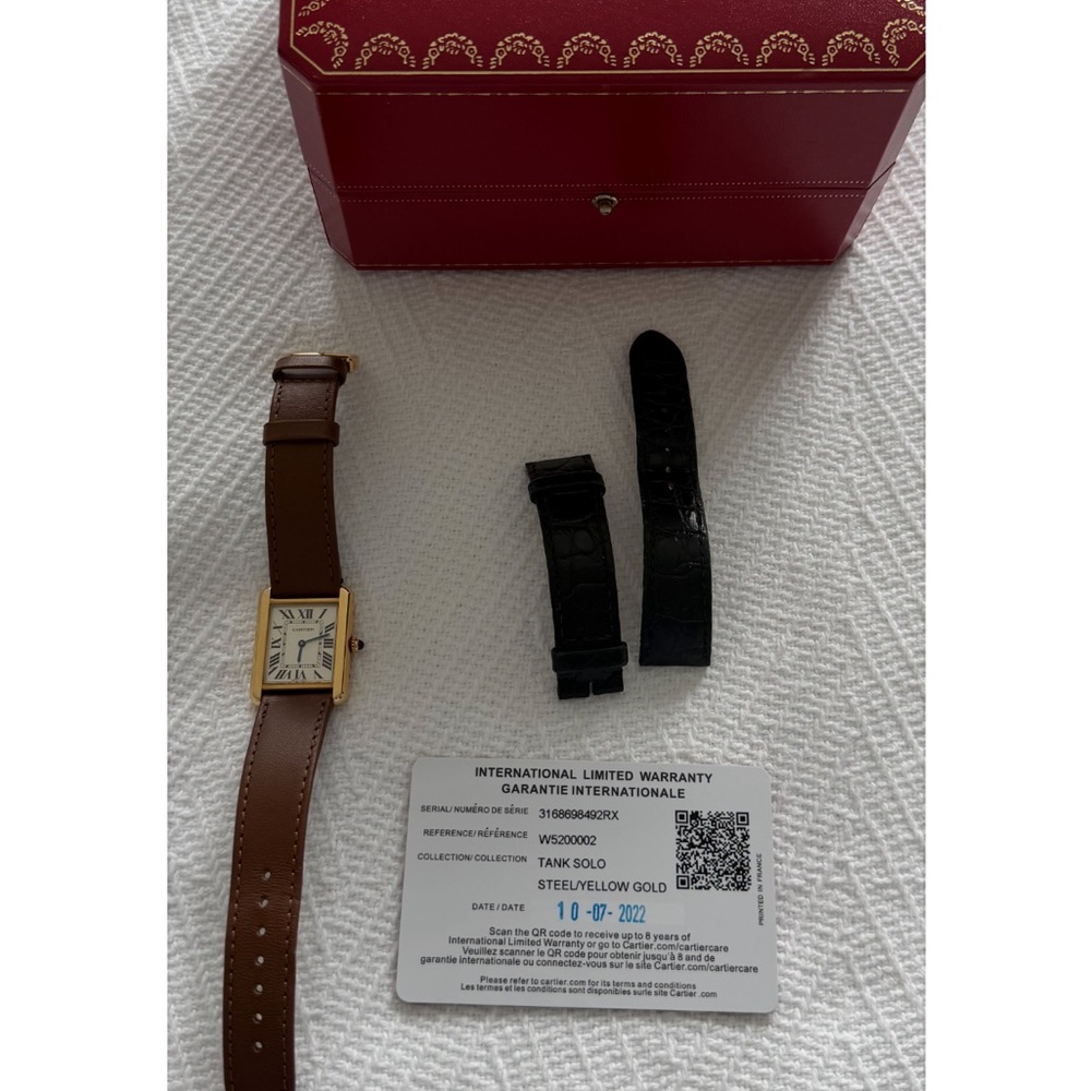 Cartier 18k yellow gold LADIES Tank Solo Brown Leather Strap Tank Watch Small - Picture 2 of 10